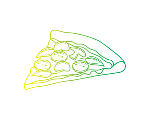 Original vector illustration of a slice of pizza with olives, salami, mushrooms and greens in vintage style.