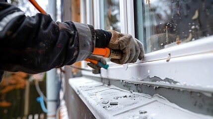 A skilled construction worker installs energy-efficient windows using tools and applying sealant to ensure a secure frame enhancing home performance and energy savings