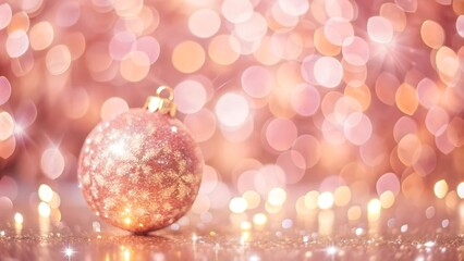 Obraz premium Christmas festive rose gold background with glitter sparkle and bokeh effect for greeting card Merry Christmas and Happy New Year. Winter collection holiday seasonal illustrations in realistic style.
