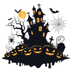 Creepy Halloween Vector Haunted House and Spooky Webs