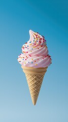 Pink ice cream cone with sprinkles floating on blue background
