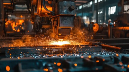 Fototapeta premium A focused scene of skilled workers forming a hot metal billet, with flames and machinery in action, illustrating the energy of the hot shop line
