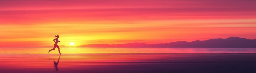 Obraz premium Female athlete running along a beach at sunset, goal-driven, serene environment