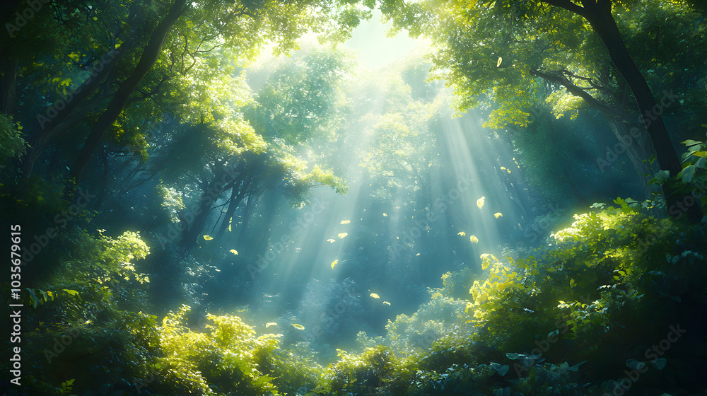 Poster sunlight filtering through leaves in a dense forest setting