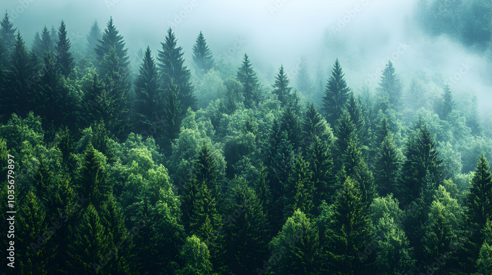 Aufkleber dense pine forest with towering trees creating a serene atmosphere in natural setting
