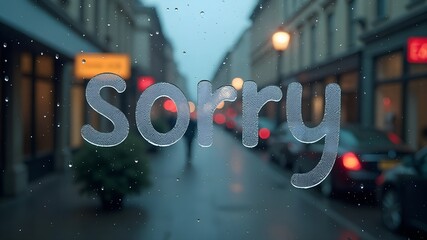 Apology in the rain - blurred city street view through a rainy window.