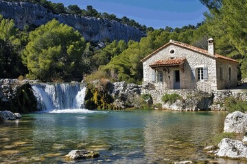 Stone Cottage by a Waterfall and a Tranquil Pool in a Lush Forest