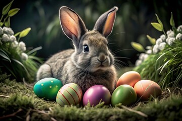 Cute Easter Bunny Double Exposure with Colorful Eggs - Vector Art Clipart Design