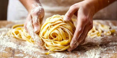 A person skillfully shaping fresh pasta on a wooden table. The hands are busy kneading and forming the dough, which is surrounded by a light dusting of flour. This image showcases culinary art. AI