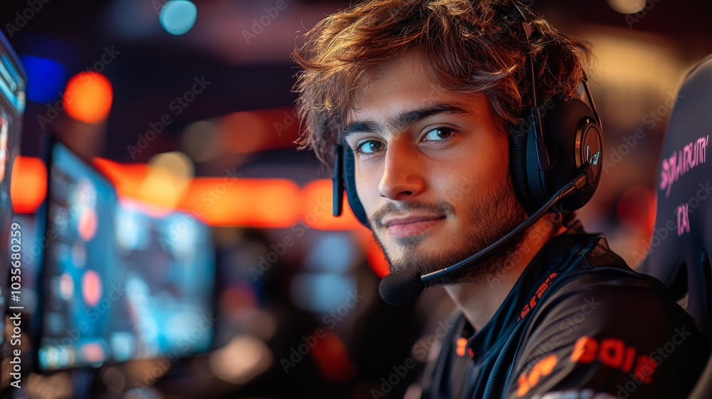 Poster a young man focuses intensely while gaming in a bustling esports arena, surrounded by multiple scree