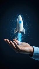 Businessman holding hologram of rocket taking off