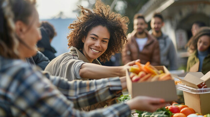 African-American woman handing out food to someone in need at a community kitchen, with a warm, caring expression. Promoting volunteerism and kindness, helping others homeless concept