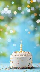 Birthday cake with lit candle over blue background with bokeh