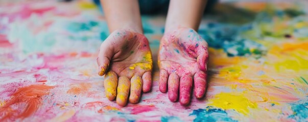 Colorful hands covered in vibrant paint, resting on a splattered background, showcasing creativity and artistic expression.
