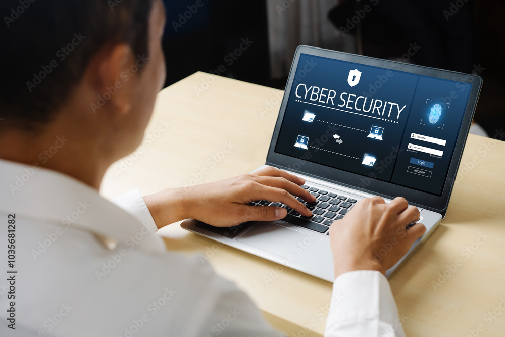 Poster cyber security system on computer screen protect private information snugly from hacker and cyber at