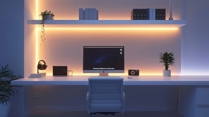Minimalist tech area, soft lighting