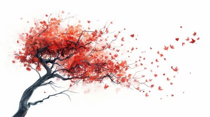 Obraz premium A tree with red leaves that smoothly fall to the ground on a white background. Valentine's Day.