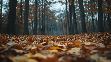 Dense Forest Floor Blanketed with Colorful Fallen Leaves Under Tall Trees in Autumn Light