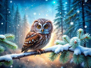 Cute Owl on a Branch in Winter - Adorable Wildlife Photography for Nature Lovers