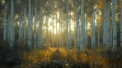 Obraz premium Glowing White Bark of Aspen Trees in a Serene Forest Setting
