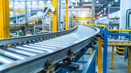 A conveyor belt in a factory, with materials moving along to a processing area, Industrial setting with active production line