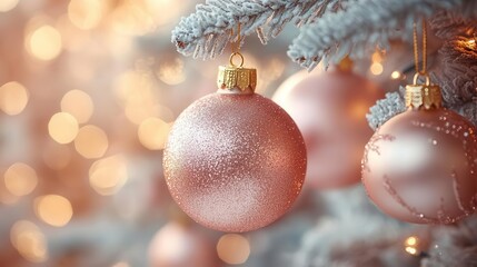 elegant rose gold christmas ornaments hanging gracefully against a softfocus background capturing the warmth and sparkle of holiday decorations evoking feelings of nostalgia and joy