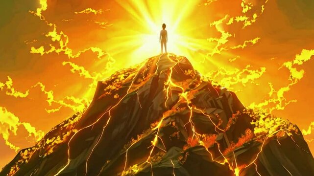 A golden light shines solely person mountain, surreal, almost divine glow, landscape Ground beneath, fragile nature of narcissism, 4k high-quality Victor anime-style background Animation Video