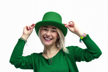 St. Patrick's Day. Beautiful smiling woman wearing green hat