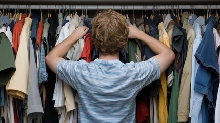 Fototapeta premium Man choosing an outfit from a crowded wardrobe filled with colorful clothing, AI