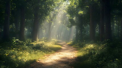 Fototapeta premium Sunlit Forest Pathway Surrounded by Majestic Trees in a Lush Green Landscape