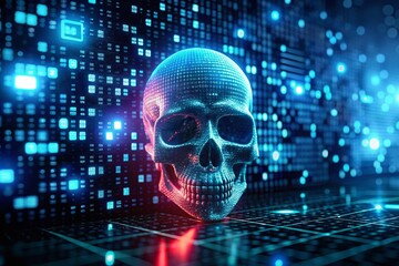 Cyber Attack Alert with Skull Symbol and Pop-Up Windows in High Depth of Field