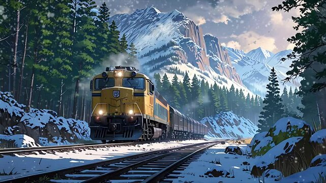 A locomotive train passes through a forest area during winter with snow-capped mountains in the background. Seamless 4K looping timelapse video animation background