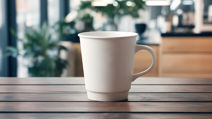 Fototapeta premium White Cup with Handle on Wooden Surface