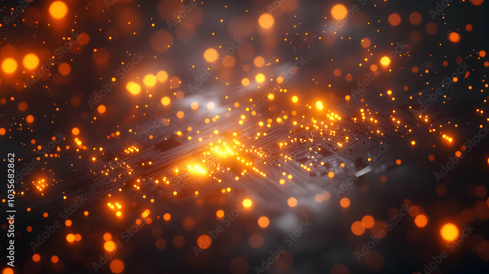 Poster futuristic abstract circuit pattern with glowing nodes in a digital landscape