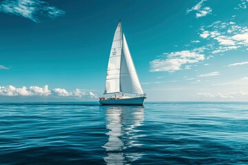 Obraz premium Sailboat gliding across a calm ocean with a clear blue sky and white clouds