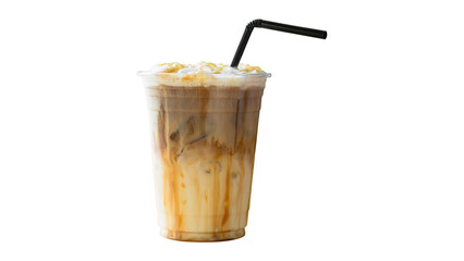 Iced caramel macchiato latte topped with fresh milk foam and caramel sauce isolated  white...