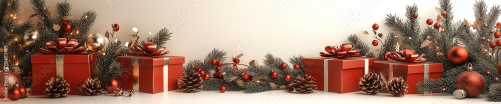 Poster isolated glossy decorations lining up on a white background. 3d rendering red shiny ornaments with b