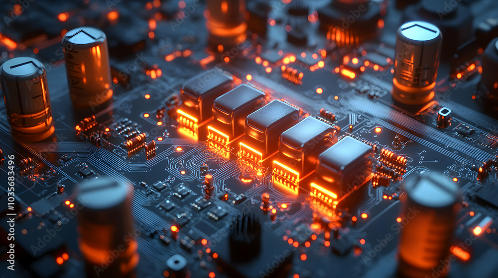 Poster glowing electrical circuit with wires and capacitors illuminated in a dark setting