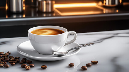 Food style macro close-up photo of espresso in a white porcelain cup with a silver spoon on a marble countertop, with coffee beans and a modern kitchen in the background