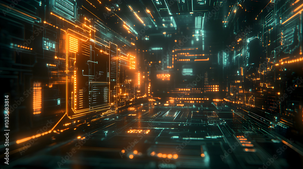 Poster glowing wireframe model of a circuit board illuminated in a dark environment