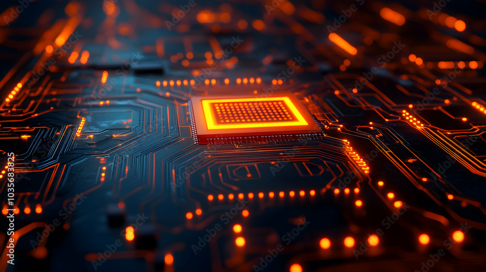 Poster glowing wireframe circuit board model in dark environment, futuristic technology visualization