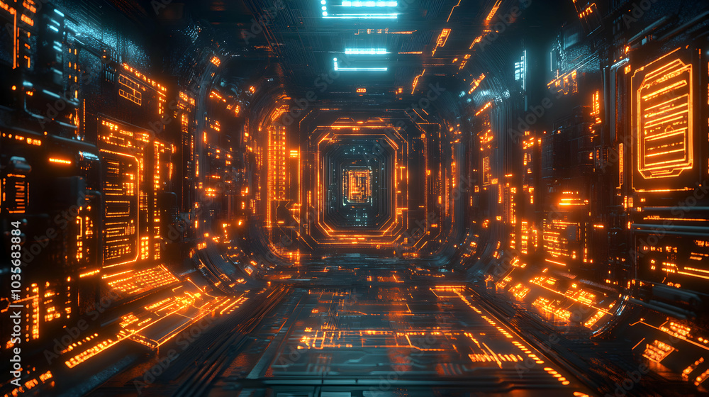 Poster glowing wireframe circuit board model illuminated against dark background