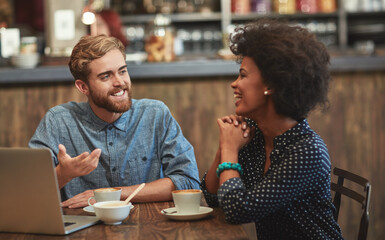 Happy, people and laptop in cafe for remote work, productivity and coffee at table. Smile, coworker and technology in restaurant for creativity, design process and excited for fun project opportunity
