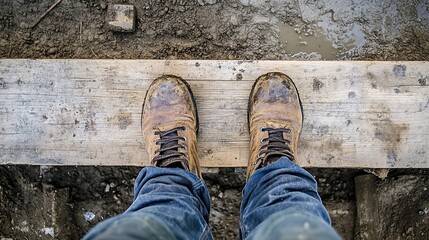 A pair of worn brown work boots stand on a muddy wooden plank, viewed from above.