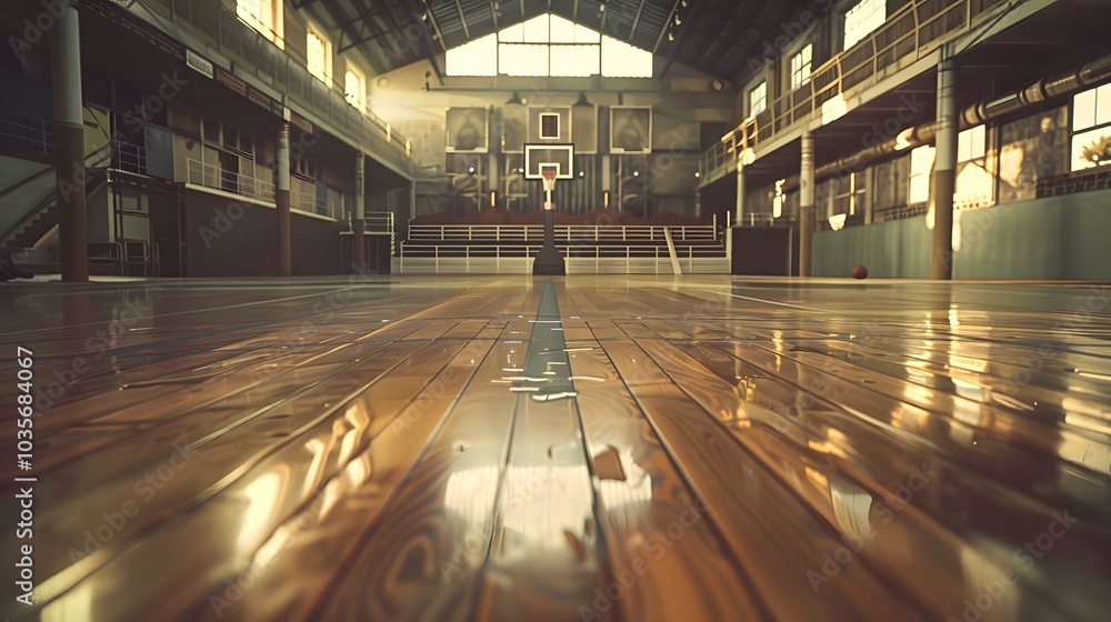 Poster a serene basketball court with polished wooden floors and soft sunlight filtering through high windo