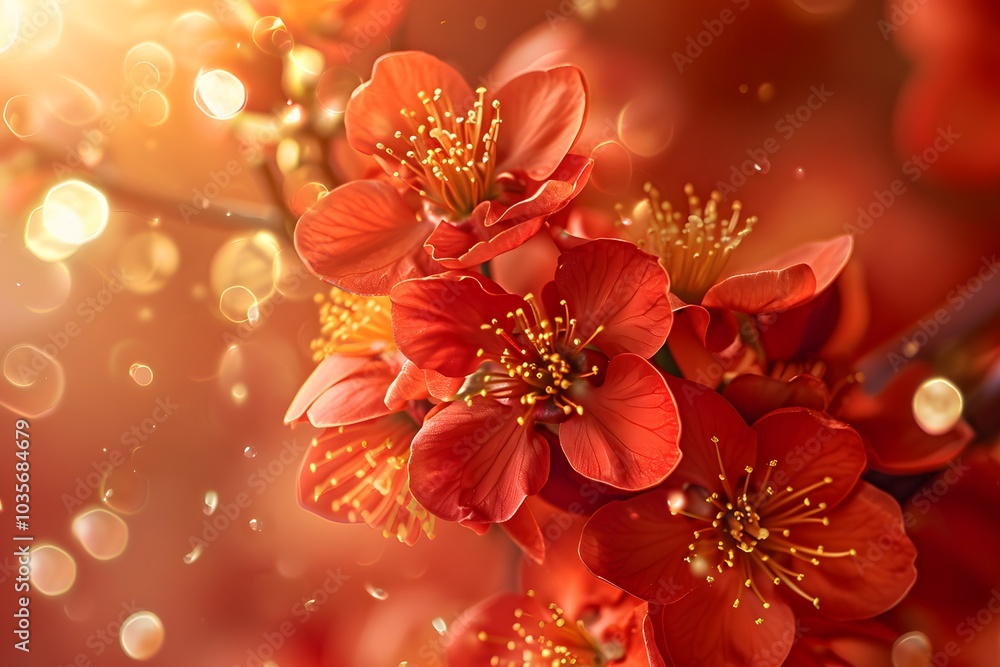 Poster the image features vibrant red flowers with delicate petals and golden centers, illuminated by soft 