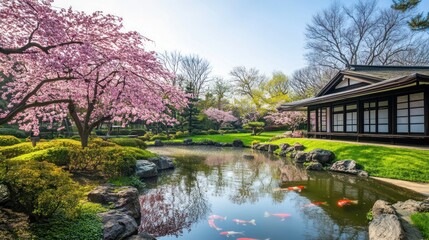 Obraz premium A traditional Japanese garden with a koi pond, a house, and a blooming cherry blossom tree.