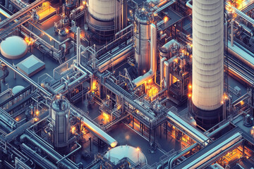 Fototapeta premium An aerial view of an industrial complex featuring intricate pipes, tanks, and towering structures, illuminated by warm lights in a night setting.