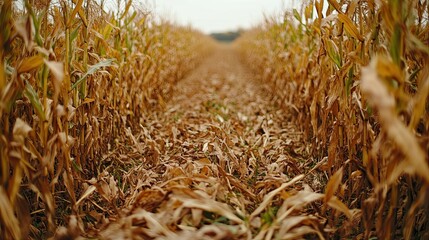 Fototapeta premium A path through a field of dried corn stalks.