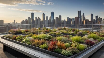 Fototapeta premium Urban Oasis: A Stunning Rooftop Garden Showcasing Vibrant Succulents Against the Backdrop of a Bustling City Skyline at Sunset